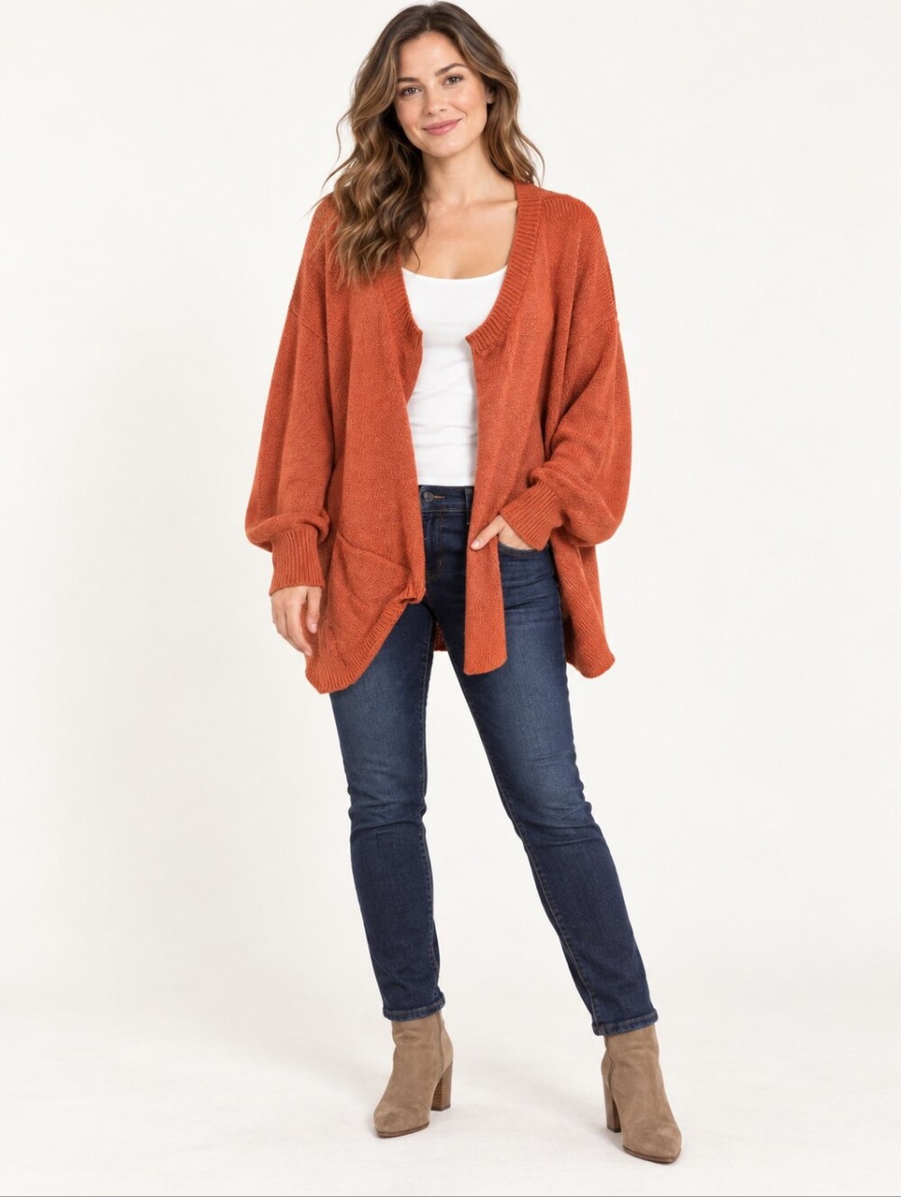 SHEIN Open-Front Rust-Orange Knit Cardigan